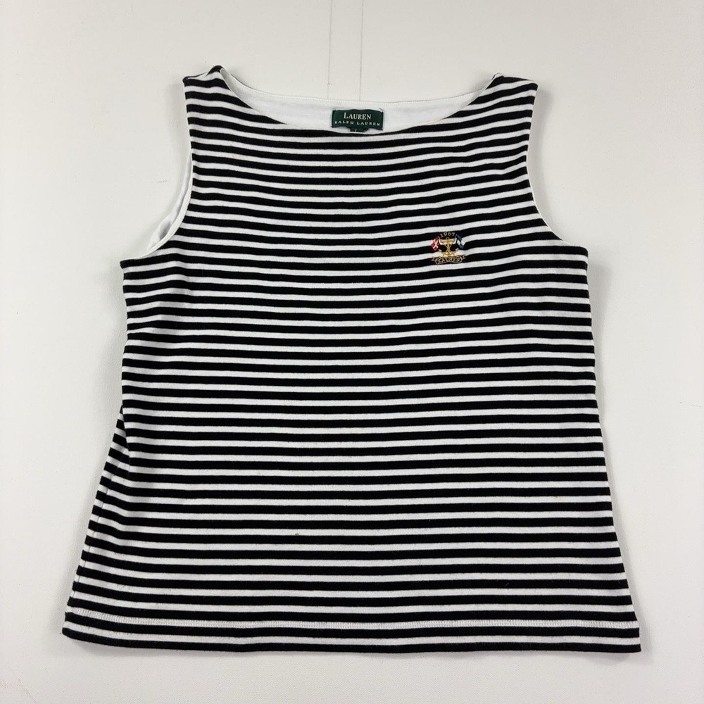 Lauren Ralph Lauren Tank Top Womens Large Black Striped Boat Neck Nautical Crest